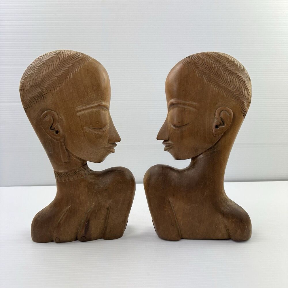 Vintage Carved Wood Tribal Bust Sculpture Pair Mid Century Modern African Style